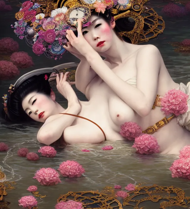 Image similar to baroque portrait of one geisha woman of porcelain skin with steampunk elements lying down in a river made of thousand of flowers, cinematic lighting, photorealistic, octane render, 8 k, depth of field, art by artgerm and greg rutkowski and alphonse mucha and uang guangjian