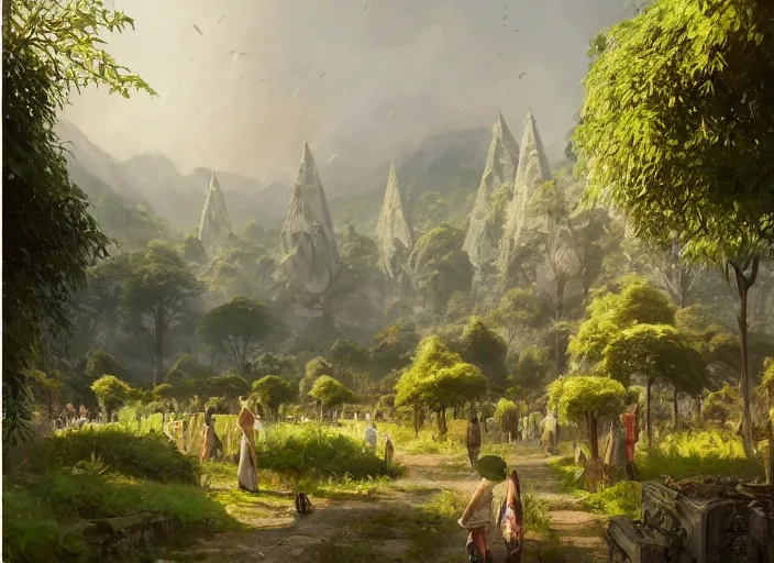 Prompt: Lush fruit farms outside a beautiful elven city made of white marble, anime, lush trees, a fantasy digital painting by Greg Rutkowski and James Gurney, trending on Artstation, highly detailed