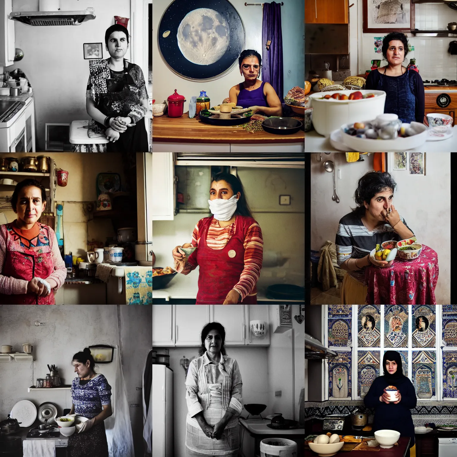 Prompt: a photo portrait of a moon citizen in their kitchen, by newsha tavakolian