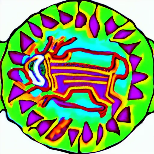 Image similar to Huichol art design of an axolotl, neon colors