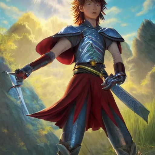 Image similar to a ultra detail picture portrait of A mystical warrior in shimmering armor wielding a legendary sword, the sun at their back, strides forward with sword held high. They are the embodiment of courage and strength, and they are ready to fight for what is right. vivid tones, wide angle, by miyazaki, nausicaa ghibli, 8k, photorealistic,