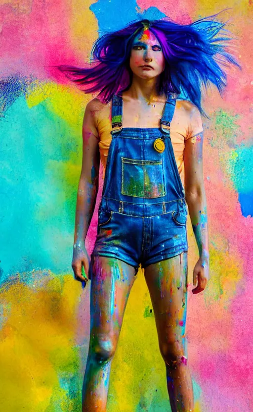 Image similar to grungy woman, rainbow hair, soft eyes and narrow chin, dainty figure, wet t-shirt, torn overalls, skimpy shorts, covered in paint, Sony a7R IV, symmetric balance, polarizing filter, Photolab, Lightroom, 4K, Dolby Vision, Photography Award