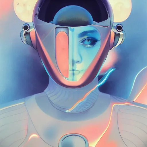 Image similar to scifi futurism automaton minimalism chrome by peter mohrbacher art Hajime Sorayama airbrush hyperrealism model abstract shatter fragments cubism futurism pastel blue soft flat minimal minimalism portrait face jackson pollock ukiyo-e lithograph mark ruthko swirl escape noise shimmer glow paint