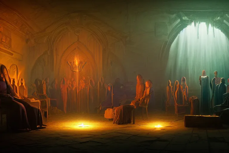 Prompt: cultist secret meeting taking place in a basement of a victorian mansion. incredible voluminous indirect soft glow cinematic lighting, hyperdetailed features, movie still, intricate, octane render, unreal engine, crepuscular rays, god rays, by beeple and rhads and donato giancola