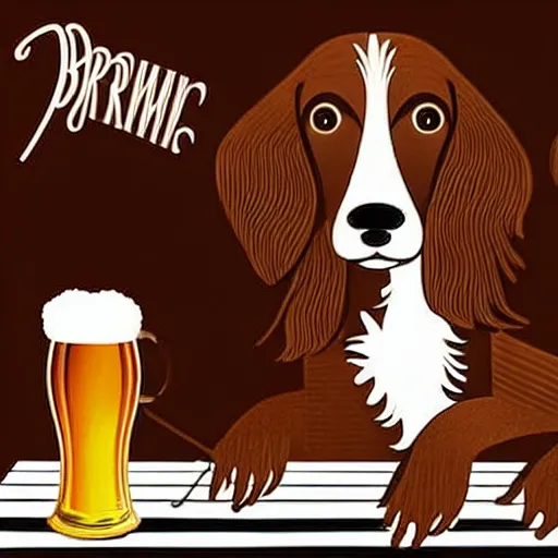 Image similar to a brown spaniel with a white chest playing a piano, Martini on the side. Artwork adult swim style, beer logo, no text