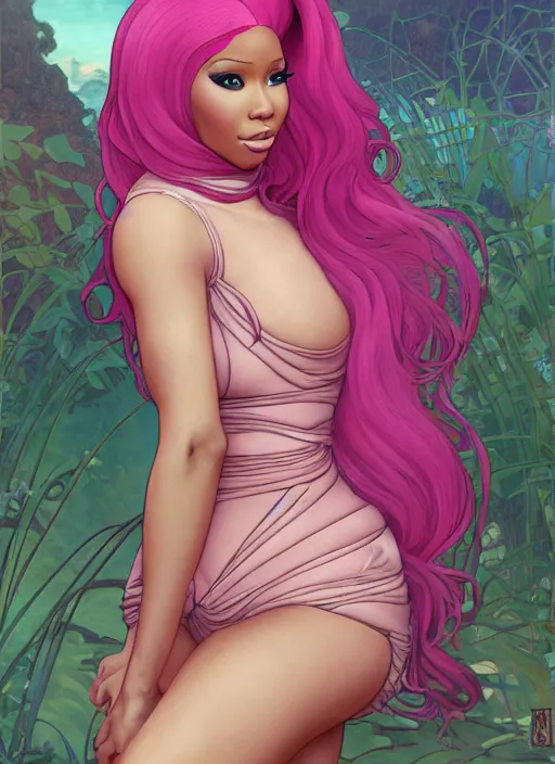 Prompt: nicki minaj in a cat suit with long curly pink hair, path traced, highly detailed, high quality, digital painting, by studio ghibli and alphonse mucha, leesha hannigan, makoto shinkai, disney