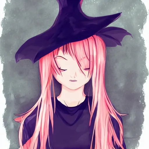 Prompt: a drawing of a pretty woman in a very large oversized witch hat, anime, digital art