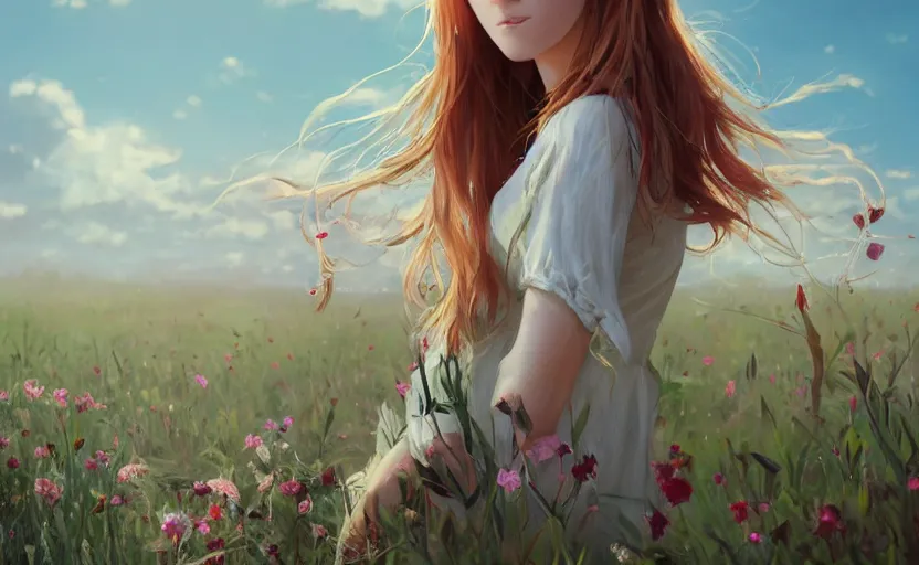 Image similar to a beautiful southern woman named Savannah Savage, innocent, sad cerulean eyes, freckles, long ginger hair tied with white ribbon, thoughtful in a field of flowers on a farm, gentle lighting, innocent mood, storm in the distance, somber, western clothing, dress,digital art by Makoto Shinkai ilya kuvshinov and Wojtek Fus, digital art, concept art,