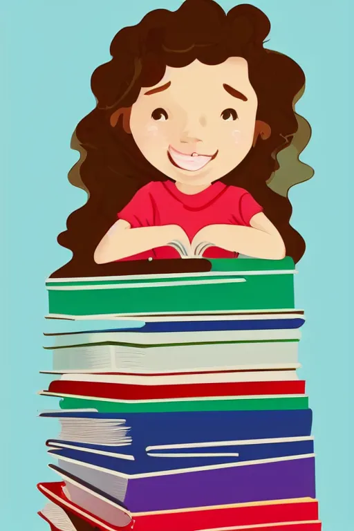 Image similar to a little girl with wavy curly light brown hair sits on a tall pile of books. she is reading. clean pretty cartoon painting, beautiful detailed face.