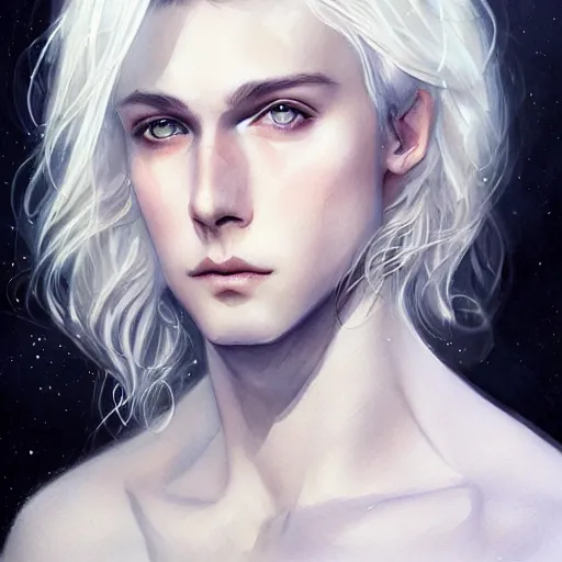 Image similar to young boy, white hair, gorgeous, amazing, delicate, elegant, intricate, highly detailed, watercolor, portrait, artstation, concept art, sharp focus, illustration, art by charlie bowater and ross tran