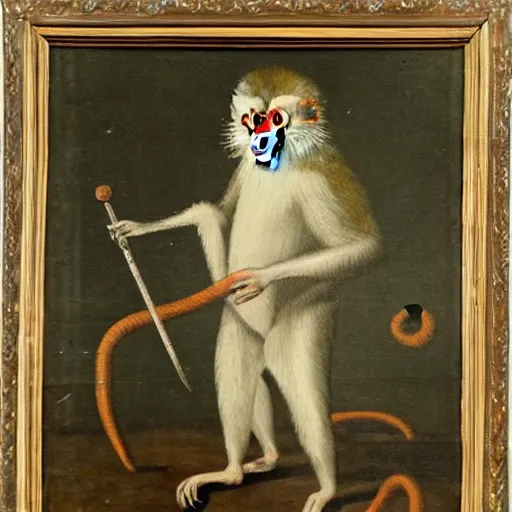 Prompt: 18th century portrait depicting a macaque aristocrat with a scepter