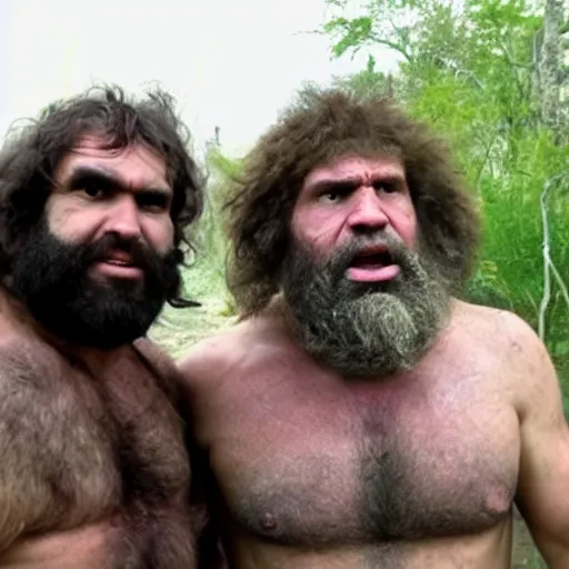 Prompt: photo of ancient caveman surprised to meet Joe rogan, ultra realistic, 4k UHD, pristine