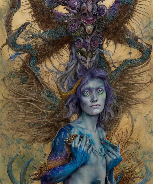 Image similar to a portrait photograph of a meditating fierce sadie sink as a colorful harpy antilope super villian with slimy blue skin with reptilian scales. her body is transforming into an beast. by donato giancola, hans holbein, walton ford, gaston bussiere, peter mohrbacher and brian froud. 8 k, cgsociety, fashion editorial