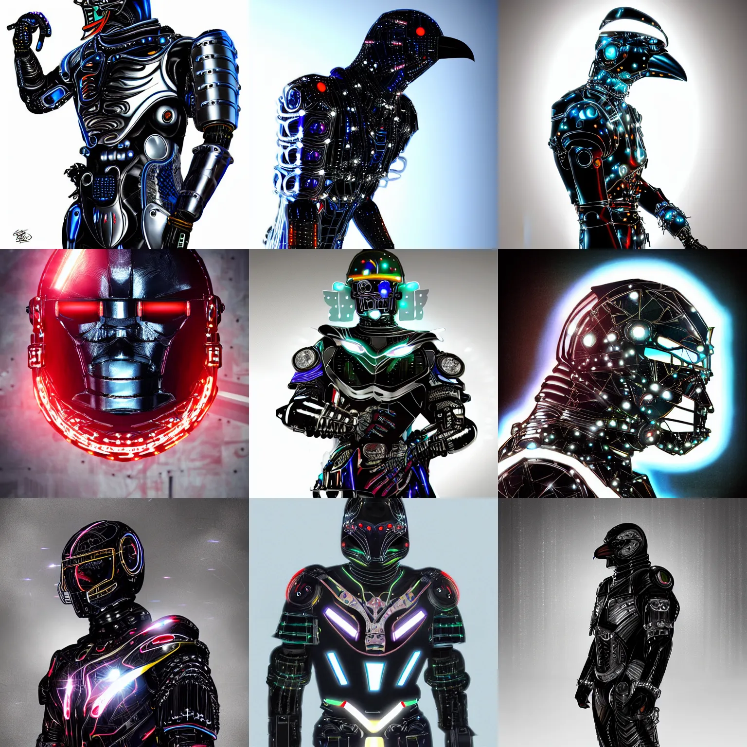 Prompt: crow in cybernetic armour, leds, portrait, digital art, studio, realistic reflections, professional lighting