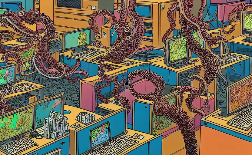 Prompt: hyper-detailed, intricate, illustration of a computer lab being overrun by tentacles, cyberpunk, high saturation, in the style of Geof Darrow