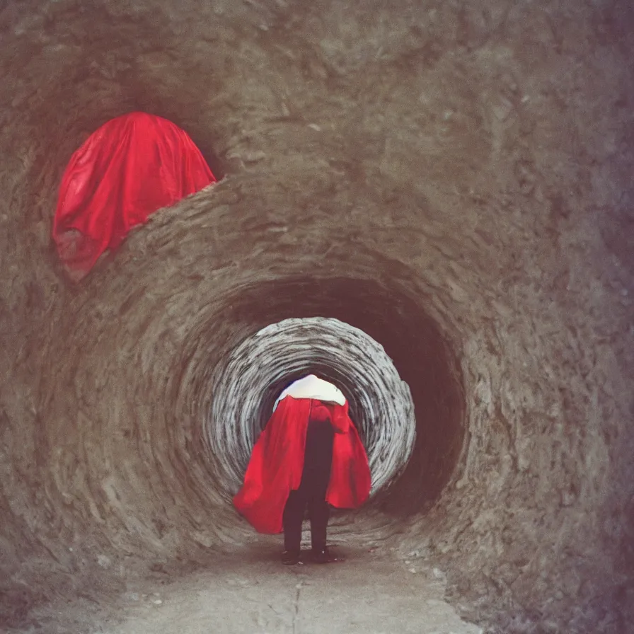 Image similar to 9 0 s movie still of an old man with a red hood in a spiral tunnel, cinestill 8 0 0 t 3 5 mm, heavy grain, high quality, high detail