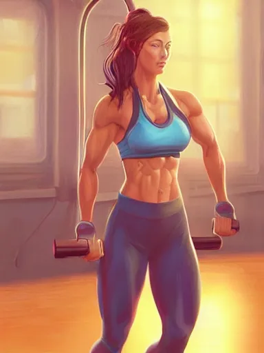 Image similar to a beautiful woman working out in the gym. intricate, elegant, highly detailed, digital painting, artstation, cinematic shot, concept art, sharp focus, illustration, by justin gerard and artgerm, 8 k