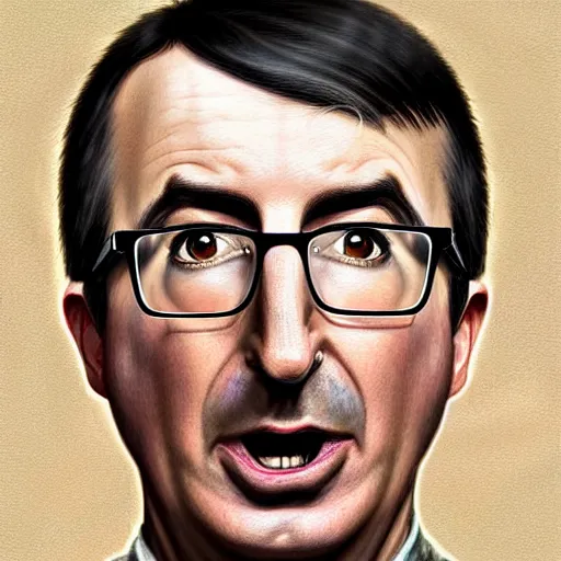 Image similar to Facial portrait. John Oliver, looking at the camera, disgusted. fear inspiring mood, intimidating, extremely detailed painting. by Greg Rutkowski and by Henry Justice Ford and by Steve Henderson.