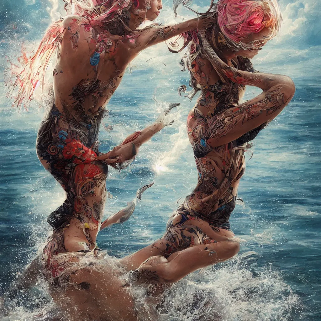 Image similar to barefoot waterskier, 8 k, by tristan eaton, stanley artgermm, tom bagshaw, greg rutkowski, carne griffiths, trending on deviantart, hyper detailed, glorious lighting, dramatic lightning