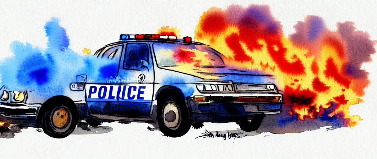 Image similar to watercolor of burning police car