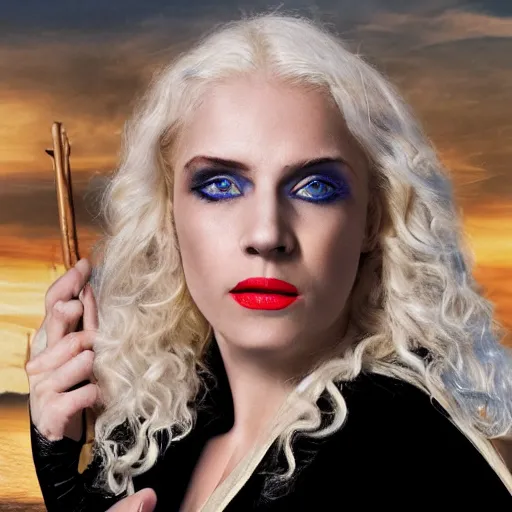 Image similar to a blonde woman in a black robe lying on the deck of a ship, a beautiful english woman with a long face narrow nose pale skin blue eyes red lips and wild messy tangles of curly white blonde hair, high resolution film still wearing a black robe and skull necklace and holding a spear, sandy, a journey to the west