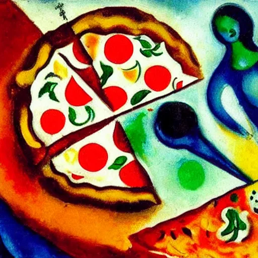 Prompt: oil painting of a pizza by chagall