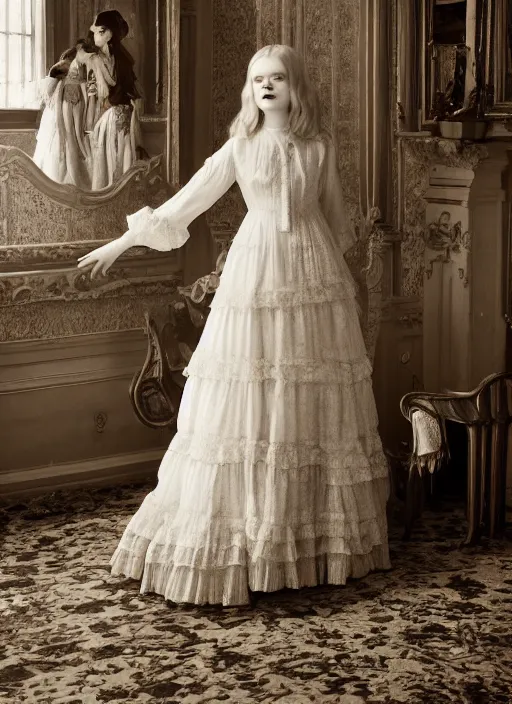 Image similar to Elle Fanning for Victorian Secret, full length shot, XF IQ4, 150MP, 50mm, f/1.4, ISO 200, 1/160s, natural light, Adobe Photoshop, Adobe Lightroom, DxO Photolab, Corel PaintShop Pro, rule of thirds, symmetrical balance, depth layering, polarizing filter, Sense of Depth, AI enhanced