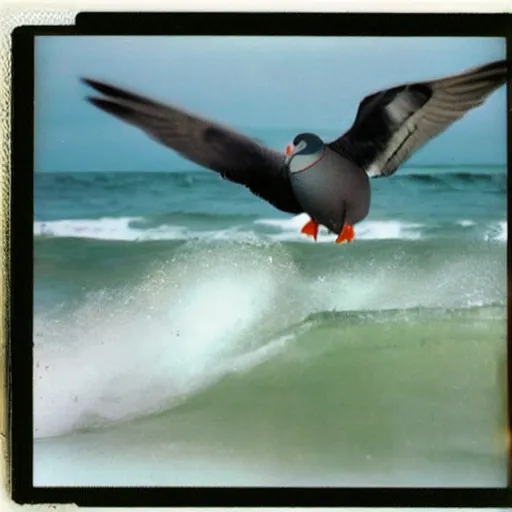 Prompt: polaroid photograph of a pigeon surfing a wave on a surboard