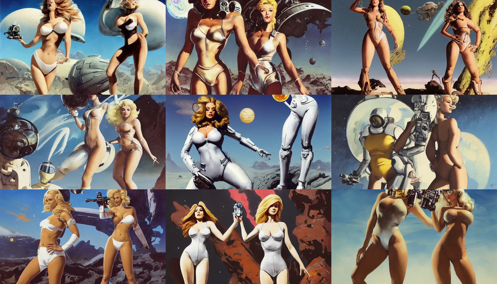 Image similar to A mixed media portrait painting of a beautiful blonde brunette woman exploring an alien planet, very curvy, aesthetic! high-waisted white-bikini-armor and boots, holding raygun, aesthetic symmetrical face and eyes, model, Scandinavian, wet, discarded mechsuit in background, by Frank Frazetta, Boris Vallejo, Beeple, Greg Rutkowski, Christian MacNevin, eighties-pinup style, epic fantasy character art, high fantasy, CGsociety, exquisite detail, post-processing, masterpiece, cinematic