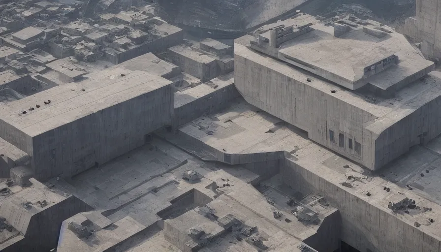 Prompt: big brutalist imperial military base on cliffs, drawing architecture,, greig fraser, very long shot, top angle, imperial architecture in rogue one, pritzker architecture prize, brutalism architecture, jan urschel