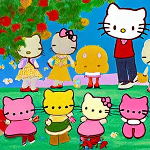 Image similar to painting of hello kitty and hello kitty friends and sanrio characters and playing outside on a sunny day, adventures of hello kitty and friends, by yoko shimizu, by sanrio