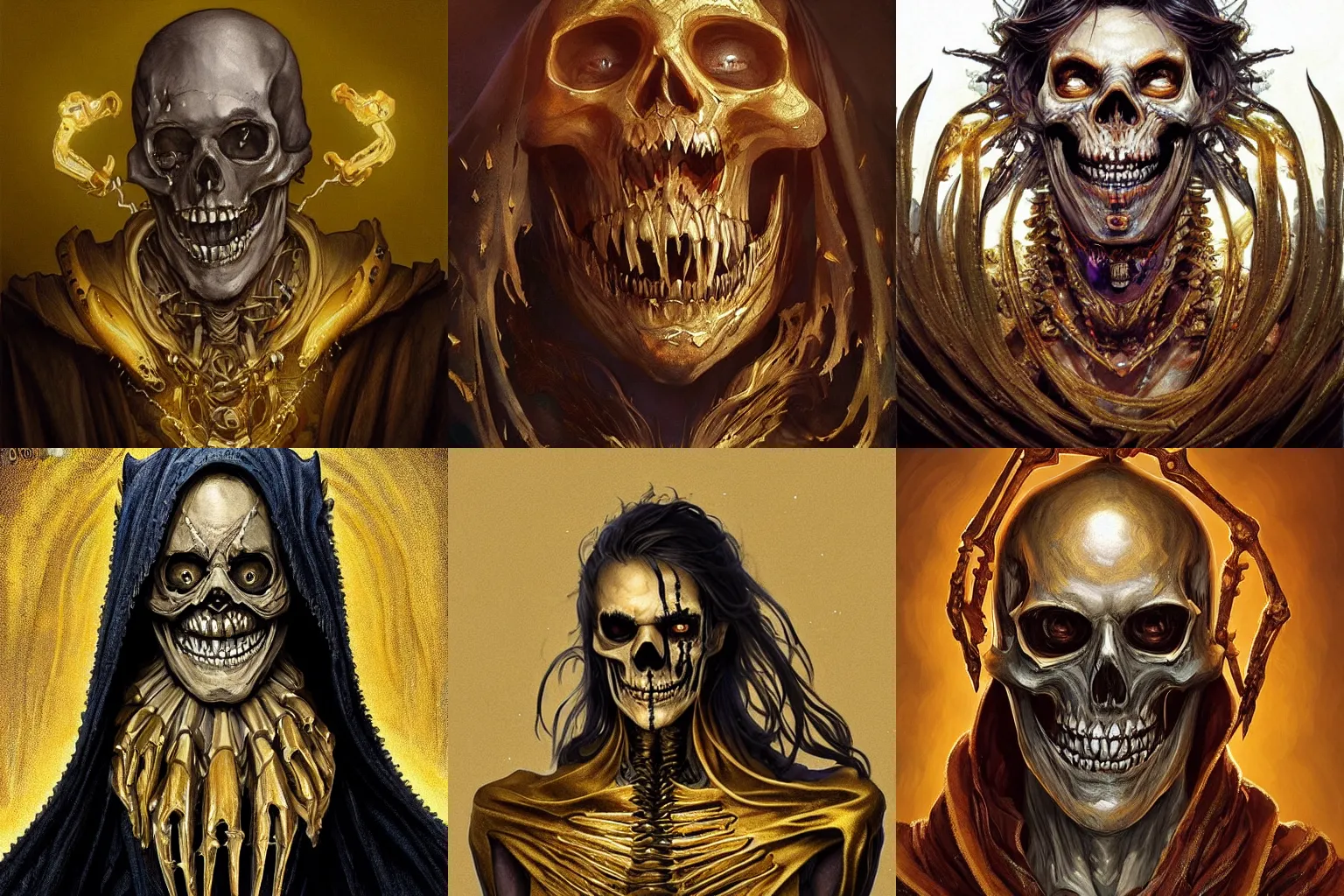 Prompt: “Male skeleton with a few golden teeth wearing a raggedy robe and a sinister grin on his face, D&D, fantasy, intricate, cinematic lighting, highly detailed, digital painting, artstation, concept art, smooth, sharp focus, illustration, art by Artgerm and Greg Rutkowski and Alphonse Mucha”