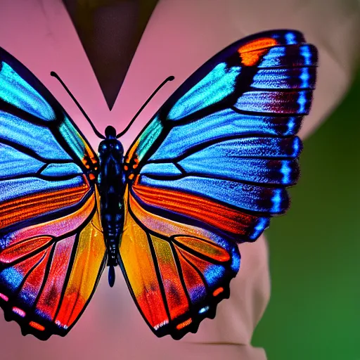 Prompt: butterfly with wings of fire and thorax made of glowing embers, 35mm 8k product photo