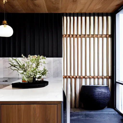 Image similar to kitchen, stone, interior design, stylish luxury hotel kitchen design, yakisugi, black vertical slatted timber, textures, feminine, black walls, art, Japanese pottery vase with flowers, kakejiku, seasonal, Japanese influences