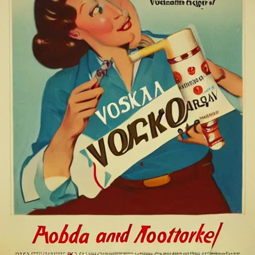 Prompt: promotional poster for vodka and tobacco in the hospital, mid - twentieth century american style art