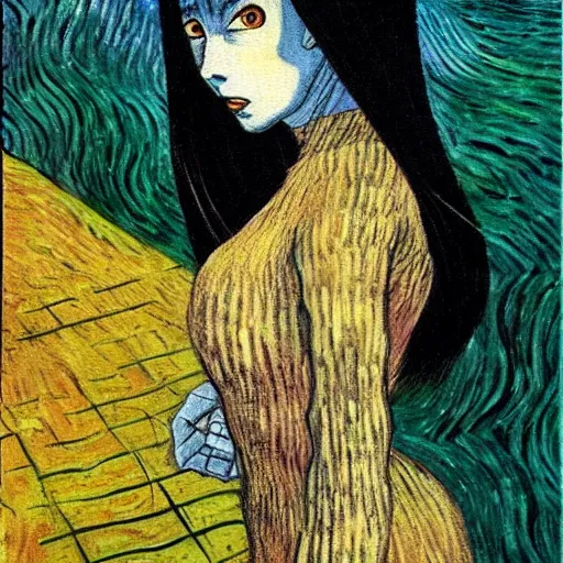 Image similar to tomie originally by junji ito instead in the style of vincent van gogh, oil on canvas