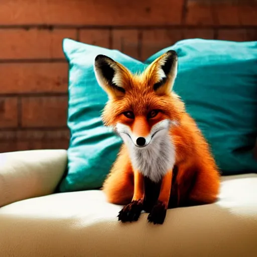 Image similar to an anthropomorphic fox wearing a t-shirt and leans, sitting on a couch