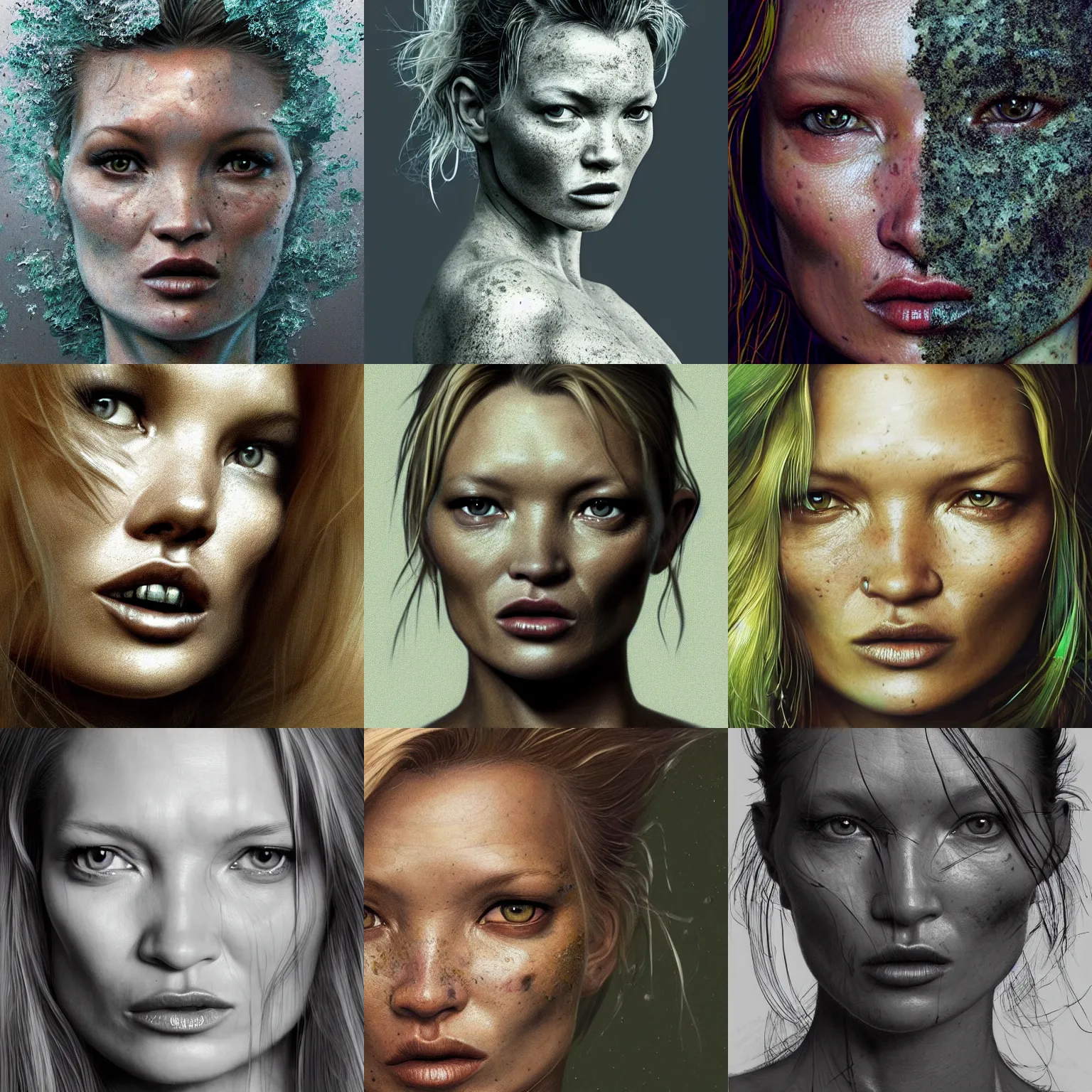 Prompt: portrait isometric drawing, close-up kate moss, moss covered her entire body and head, moss covered face, moss covered body, intricate, epic lighting, cinematic composition, hyper realistic, 8k resolution, unreal engine 5, by Artgerm, tooth wu, dan mumford, beeple, wlop, rossdraws, James Jean, Andrei Riabovitchev, Marc Simonetti, yoshitaka Amano, Artstation