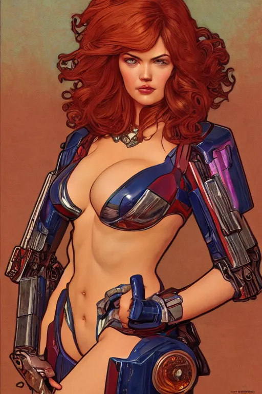 Image similar to optimus prime transformers : : kate upton body : : christina hendricks : : portrait : : full body : : decadent highly - detailed digital artwork : : art by mucha and rutkowski, artstation, master prime lenses, cinematic