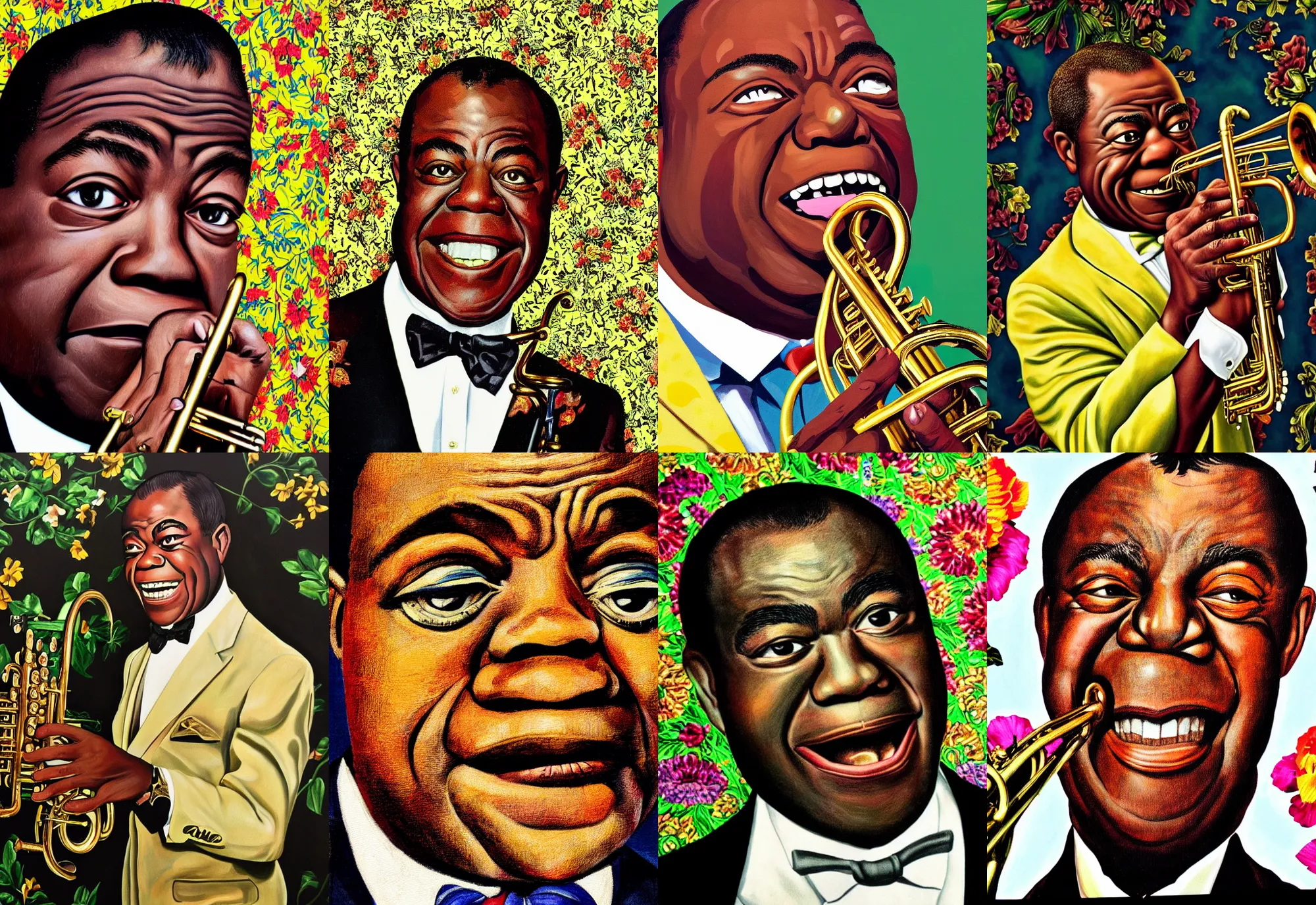 Prompt: a close - up portrait of louis armstrong, in the style of kehinde wiley, highly detailed, floral background