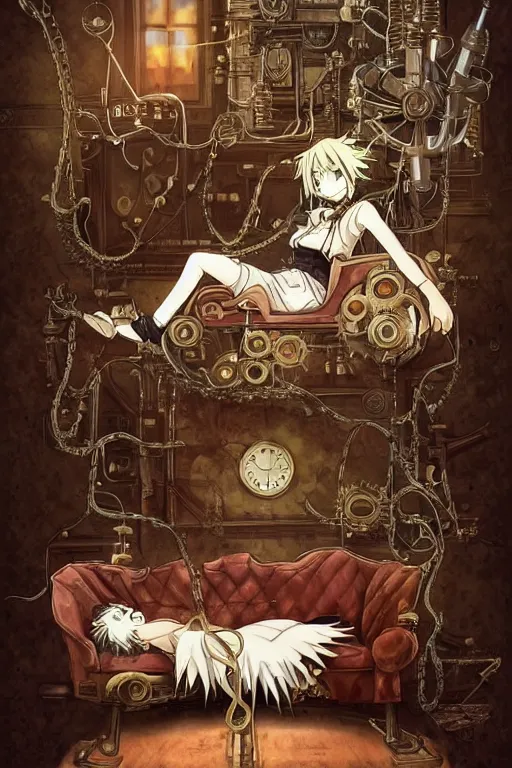 Prompt: anime style illustration, old sick dragon on a steam punk fainting couch with wires and gears and steam punk apparatus, artstation, matte painting, style of studio ghibli, featured in artstation and artgerm and pixiv, award winning, cinematic, elegant, intricate, 8 k