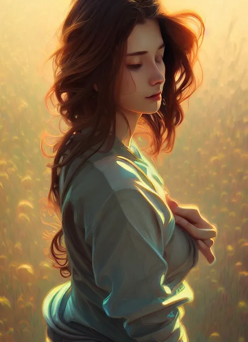 Image similar to handsome young women with shoulder length brown hair, half body shot, path traced, highly detailed, high quality, digital painting, alena aenami, lilia alvarado, shinji aramaki, karol bak, alphonse mucha, tom bagshaw