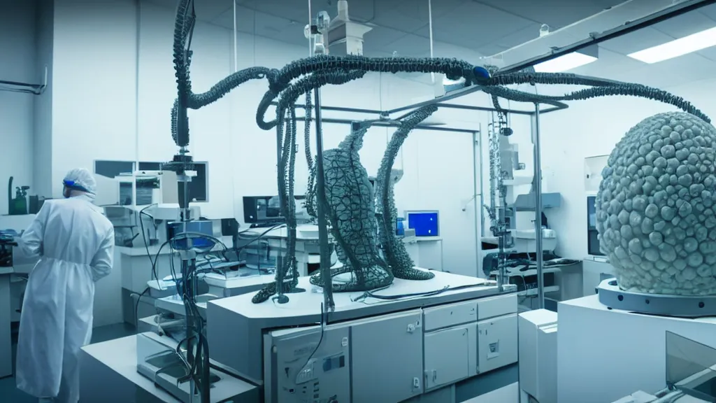 Prompt: a octoidal mri 3 d printer machine and control panels in the laboratory inspection room making organic forms, film still from the movie directed by denis villeneuve with art direction by salvador dali, wide lens
