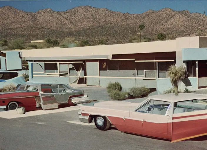 Image similar to a midcentury modern motel in tuscon arizona in the year 1 9 6 7