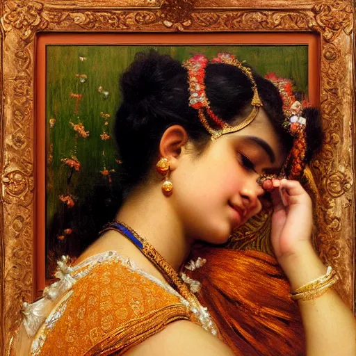 Prompt: detailed portrait of hindu traditional girl with high - tech vr headset in baroque painting, girl graceful, eyes closed, painting by gaston bussiere, craig mullins, j. c. leyendecker, lights, art by ernst haeckel, john william godward, hammershøi,,