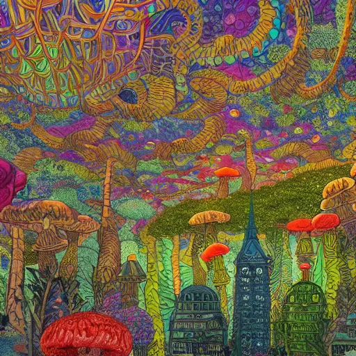 Prompt: city made of mushrooms and plant fauna, vivid color, 1 9 2 0 ’ s colored pencil, highly detailed, highly accurate, abstract art, deep aesthetic, 8 k, highly ornate intricate details, cinematic lighting, rich colors, ray tracing, hyperrealistic, photorealistic, cinematic landscape, trending on artstation,