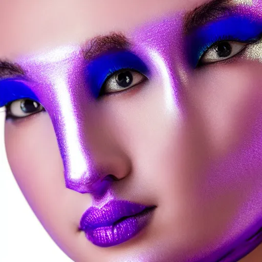 Prompt: close up portrait photography of beautiful asian female model wearing balaclava and golden neckkace, purple and blue futuristic light