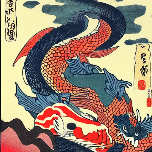 Image similar to koi fish, dragon, sunset, samorai, eating sushi, gensha, ukiyo - e