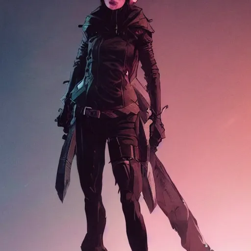 Image similar to full body portrait of an elf woman with elf ears wearing a leather jacket, cyberpunk digital art, dramatic lighting, illustration by Greg rutkowski, yoji shinkawa, 4k, digital art, concept art, trending on artstation