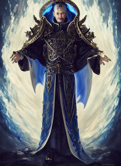 Prompt: high intricate middle aged blue eyed male priest with white baroque armor and black garment fighting a fire demon, maria panfilova, andrea savchenko, mike kime, ludovic plouffe, qi sheng luo, oliver cook, trending on artstation